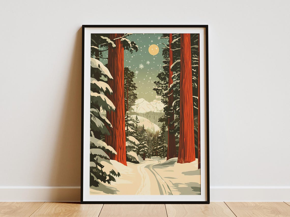Moonlit Snowy Redwood Forest Path With Giant Trees Winter Poster