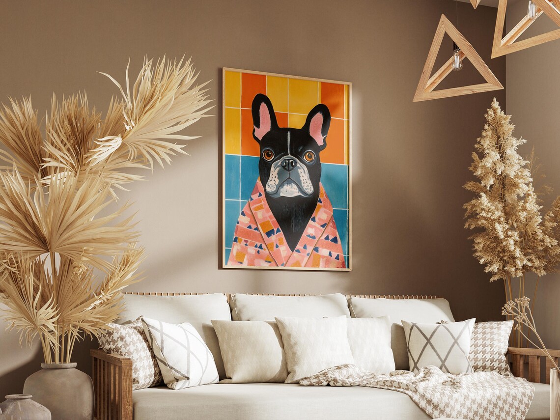 Cute Black French Bulldog in Colorful Bathrobe Pop Art Poster - Image 3