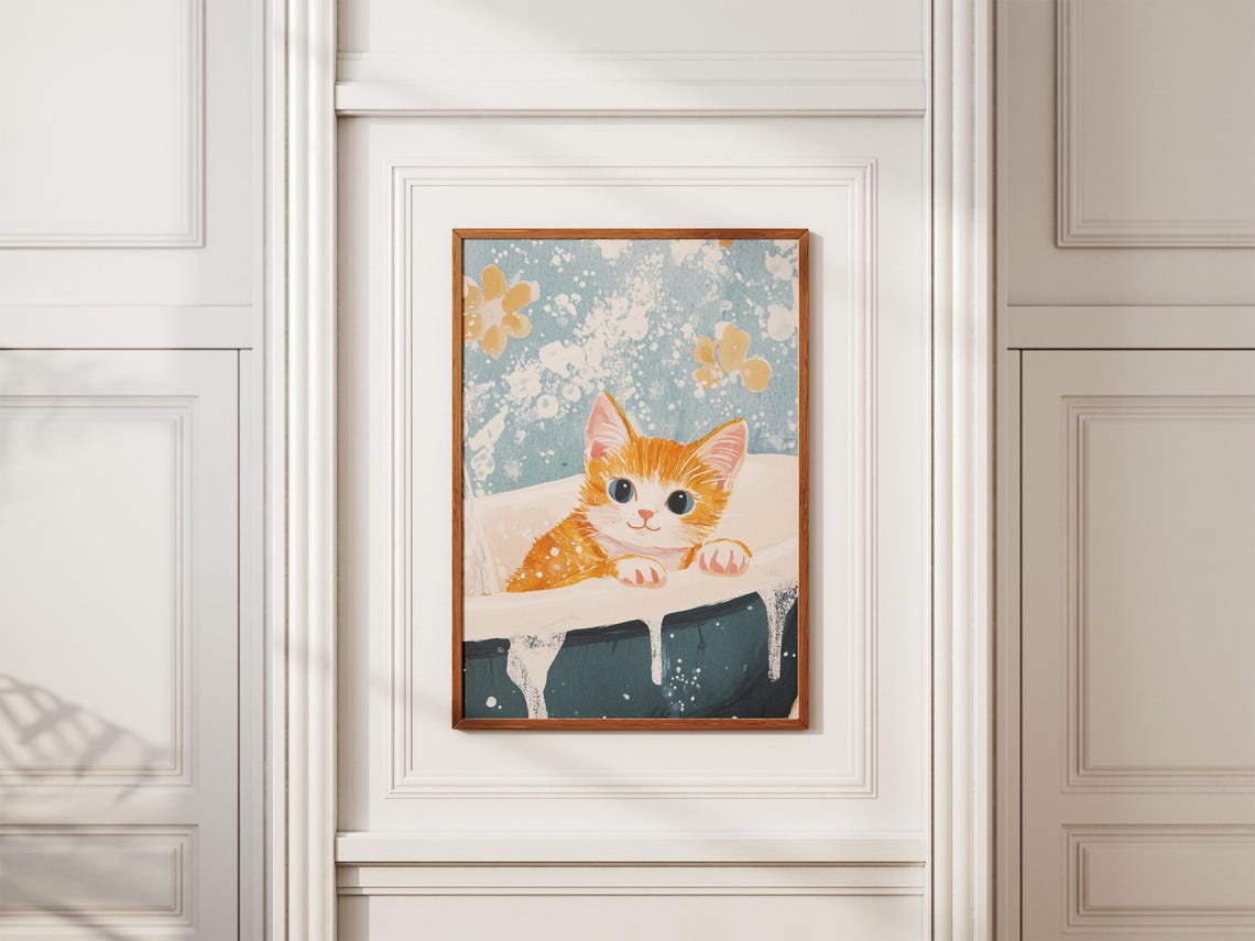 Orange Tabby Kitten Bubble Bath Floral Splash Cute Art Poster - Image 2