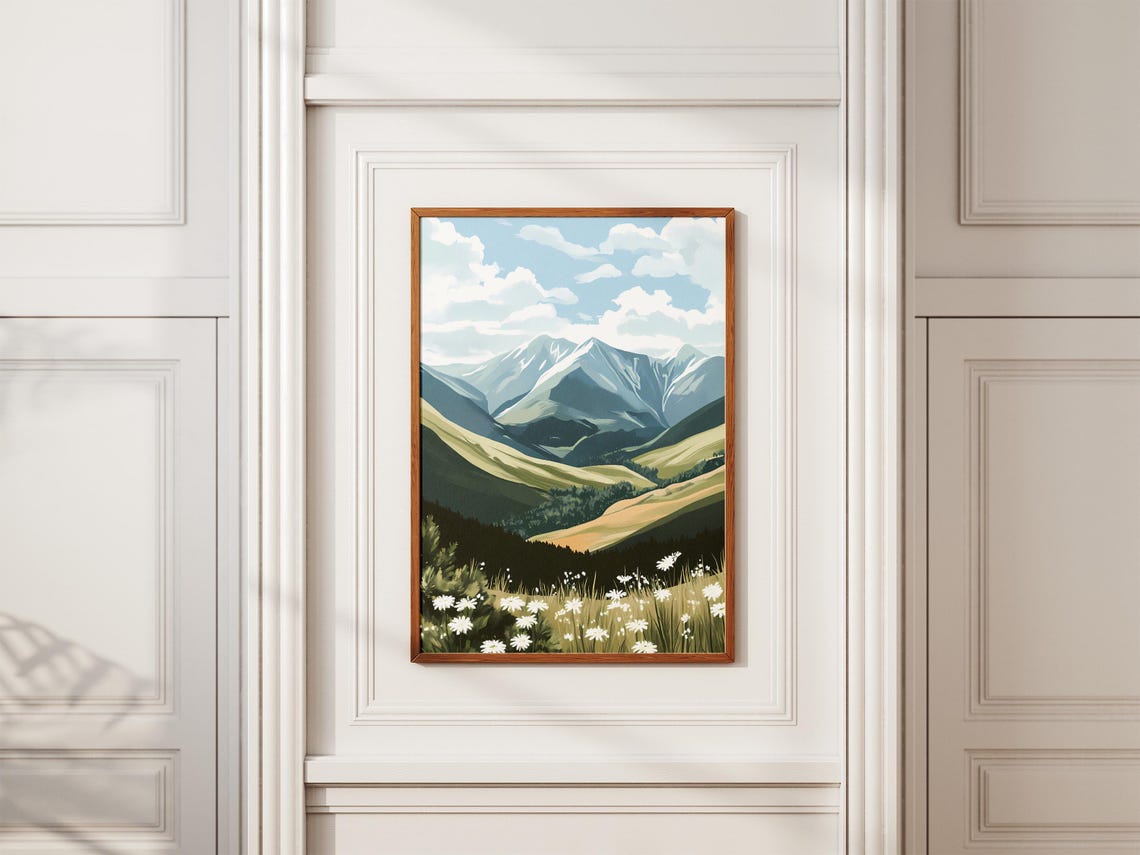 Snow Capped Mountain Valley With White Daisies Meadow Poster - Image 2