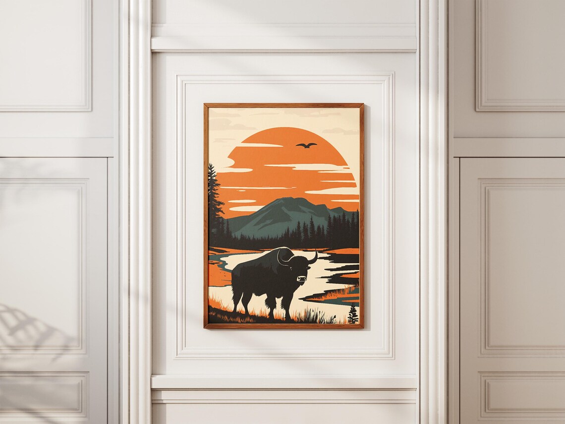 Bison Silhouette By A River At Sunset Vintage Style Travel Poster - Image 2
