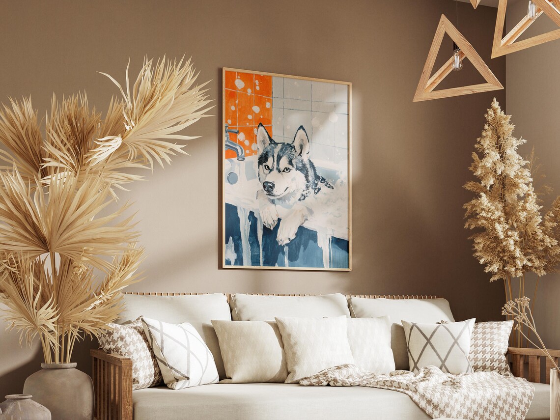 Handsome Siberian Husky in Foamy Blue Bathtub Dog Art Poster - Image 3