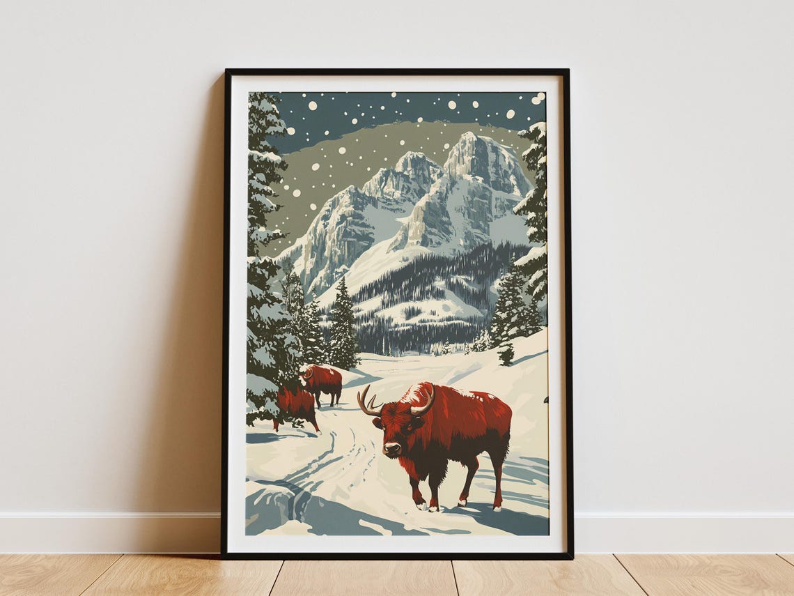 Theodore Roosevelt Bison in a Snowy Mountain Valley Winter Poster
