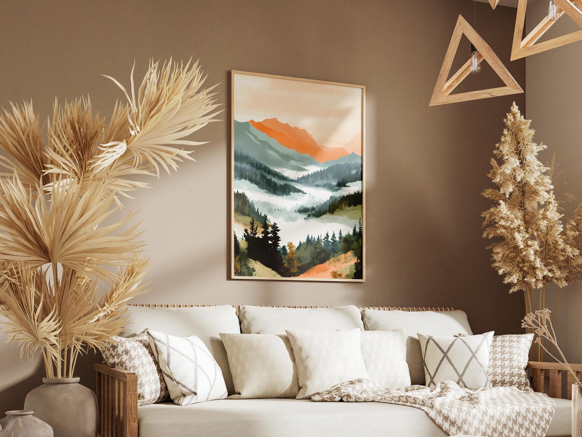 Misty Mountain Valley Fog Orange Peaks Serene Landscape Poster - Image 3