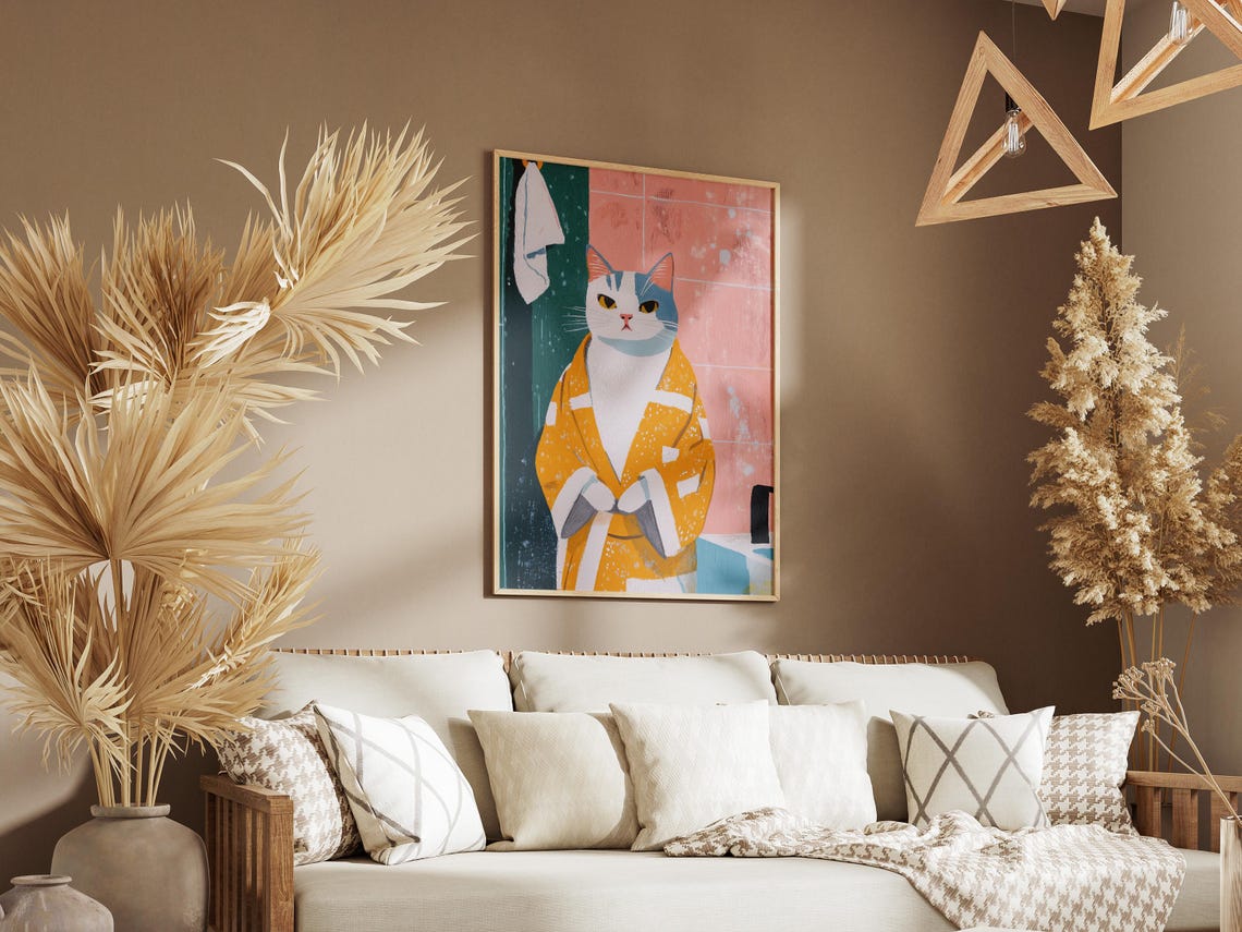 Turkish Van Cat Bathrobe Bathroom Art Print Funny Poster Whimsical Pet Portrait Lover Gift Wall Decor - Image 3
