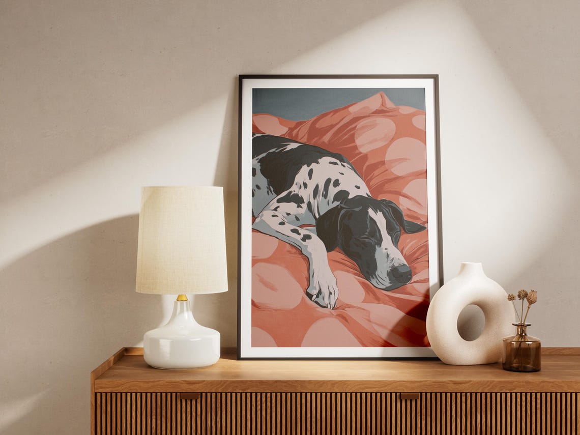 Great Dane Sleeping on Coral Bedding Modern Colorful Dog Poster - Image 4