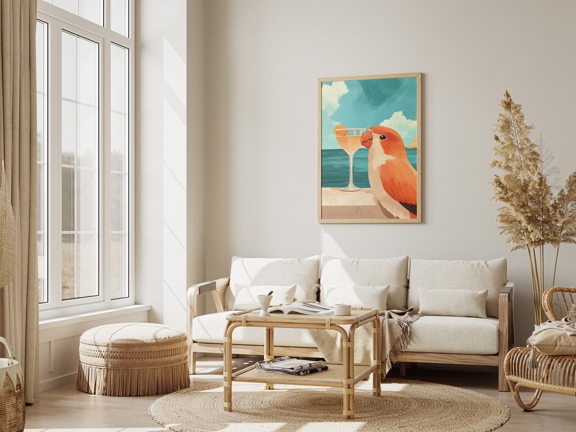 Cute Orange Parrot Sipping Cocktail By The Turquoise Sea Poster - Image 4