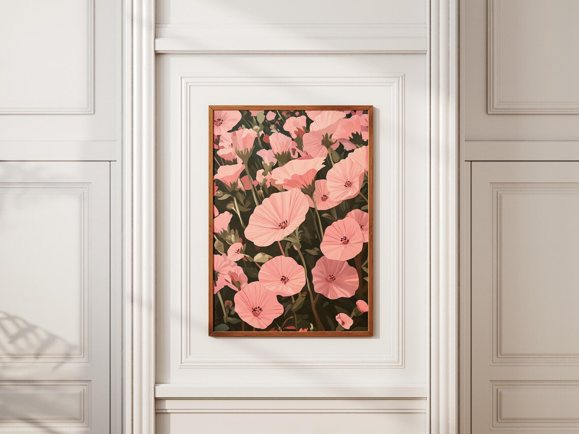 Delicate Pink Mallow Blossoms Dark Moody Botanical Floral Poster - Image 2