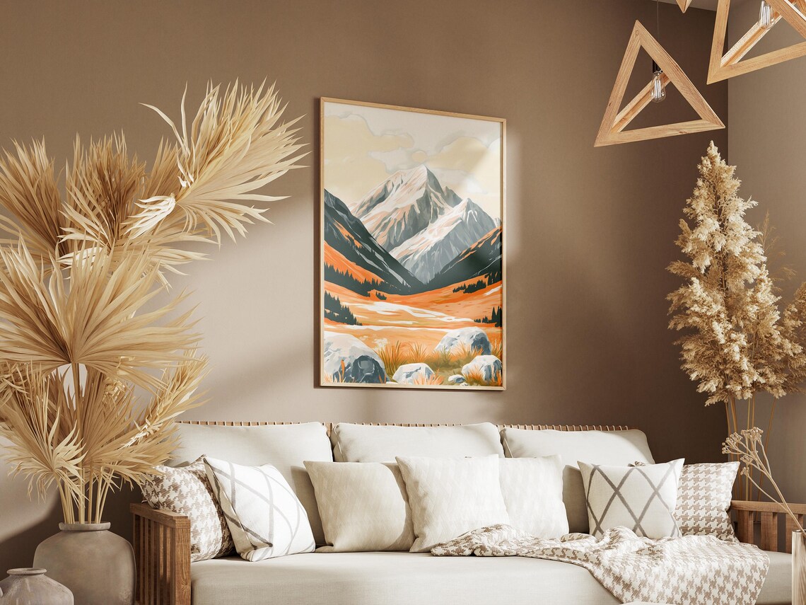 Snow Capped Peak Golden Alpine Valley Rocks Scenic View Poster - Image 3