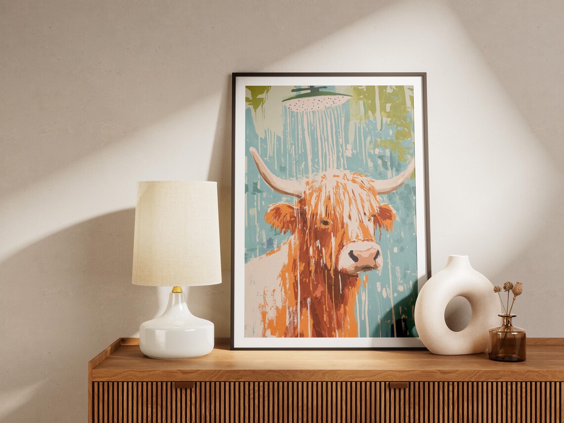 Shaggy Highland Cow Under Shower Head Teal Abstract Farm Poster - Image 5