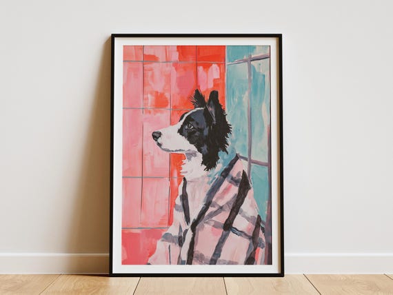 Border Collie In Bathrobe Art Print Dog Bathroom Poster Humorous Pet Portrait Modern Wall Funny Home Decor