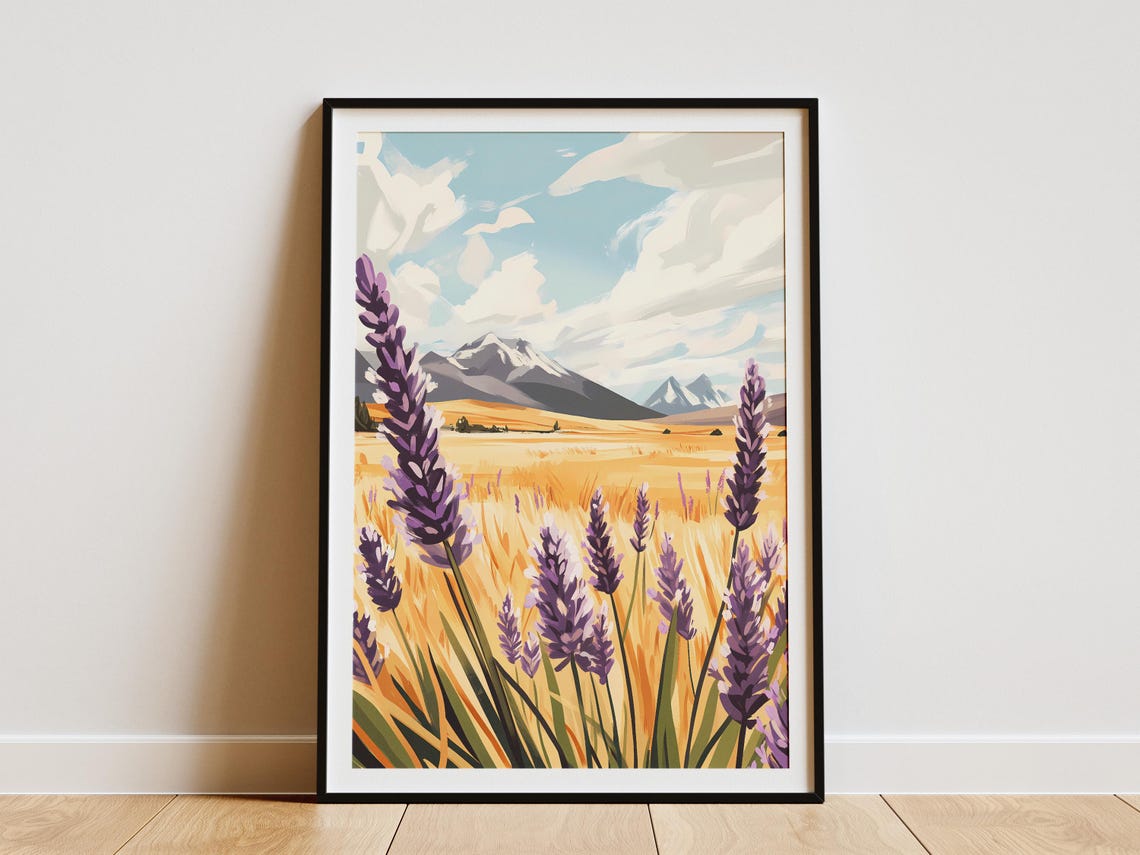 Lavender Field Golden Hills Mountain Landscape Botanical Poster