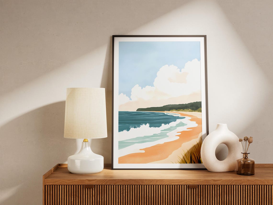 Ocean Beach With Breaking Waves Under Cloudy Sky Scene Poster - Image 5