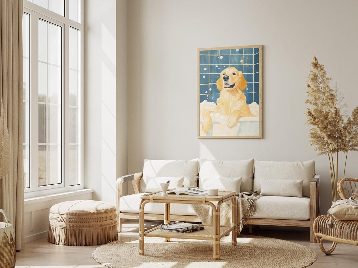 Golden Retriever Bubble Bath Smiling Happy Blue Tile Dog Poster - Image 3