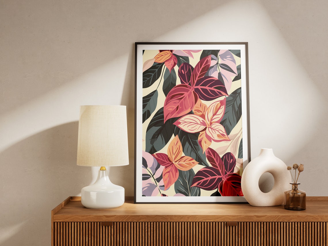 Tropical Leaves Pattern Coral Pink Modern Botanical Art Poster - Image 2