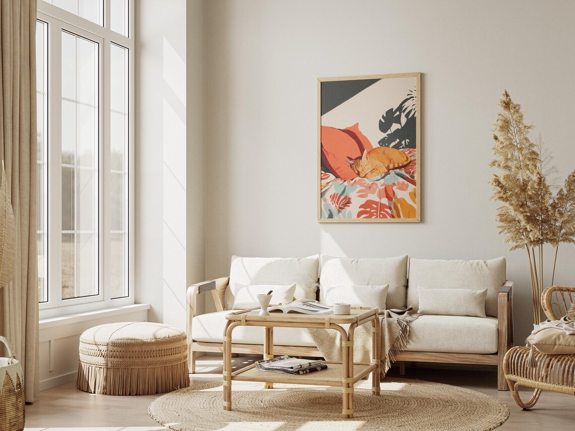 Orange Tabby Cat Sleeping on Tropical Bedding in a Sunlit Room Art Poster - Image 3