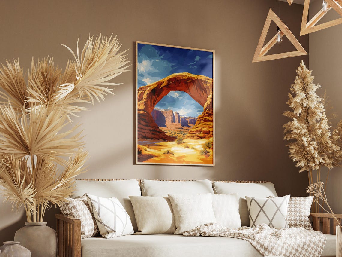 Sandstone Arch Spanning A Desert Canyon Under Blue Sky Poster - Image 3