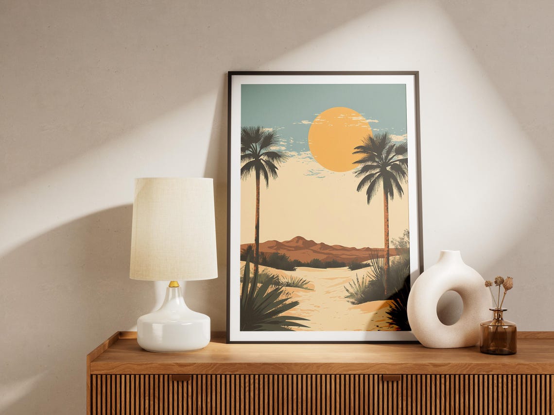 Desert Oasis Poster Tall Palm Trees Golden Sun Wall Decor Gift - Image 4