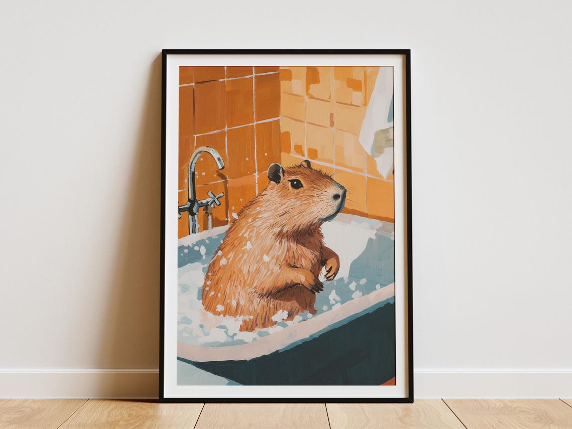 Capybara in Bathtub Orange Tile Bathroom Funny Animal Poster