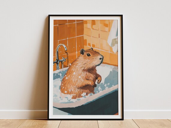 Cute Capybara In A Bathtub Bathroom Poster Print Funny Animal Wall Art Modern Home Decor Whimsical Animal Illustration Unique Capybara Gift