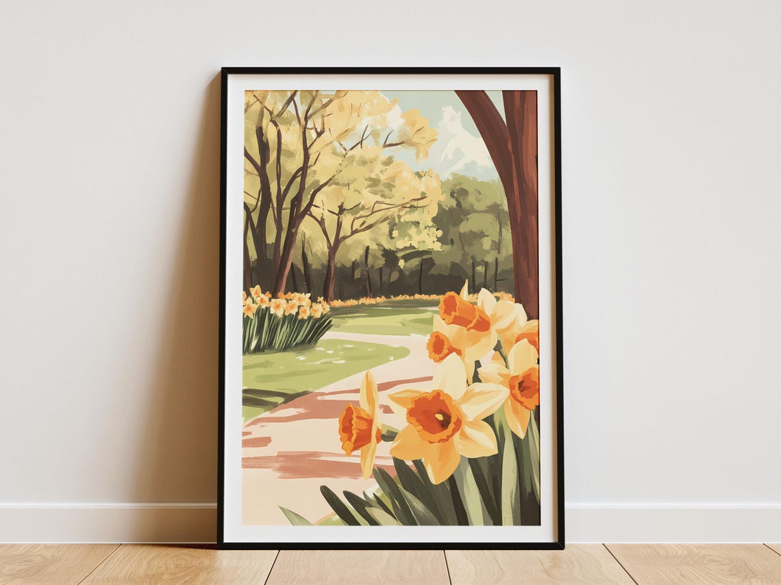 Daffodil Lined Park Path With Yellow Spring Trees Art Poster
