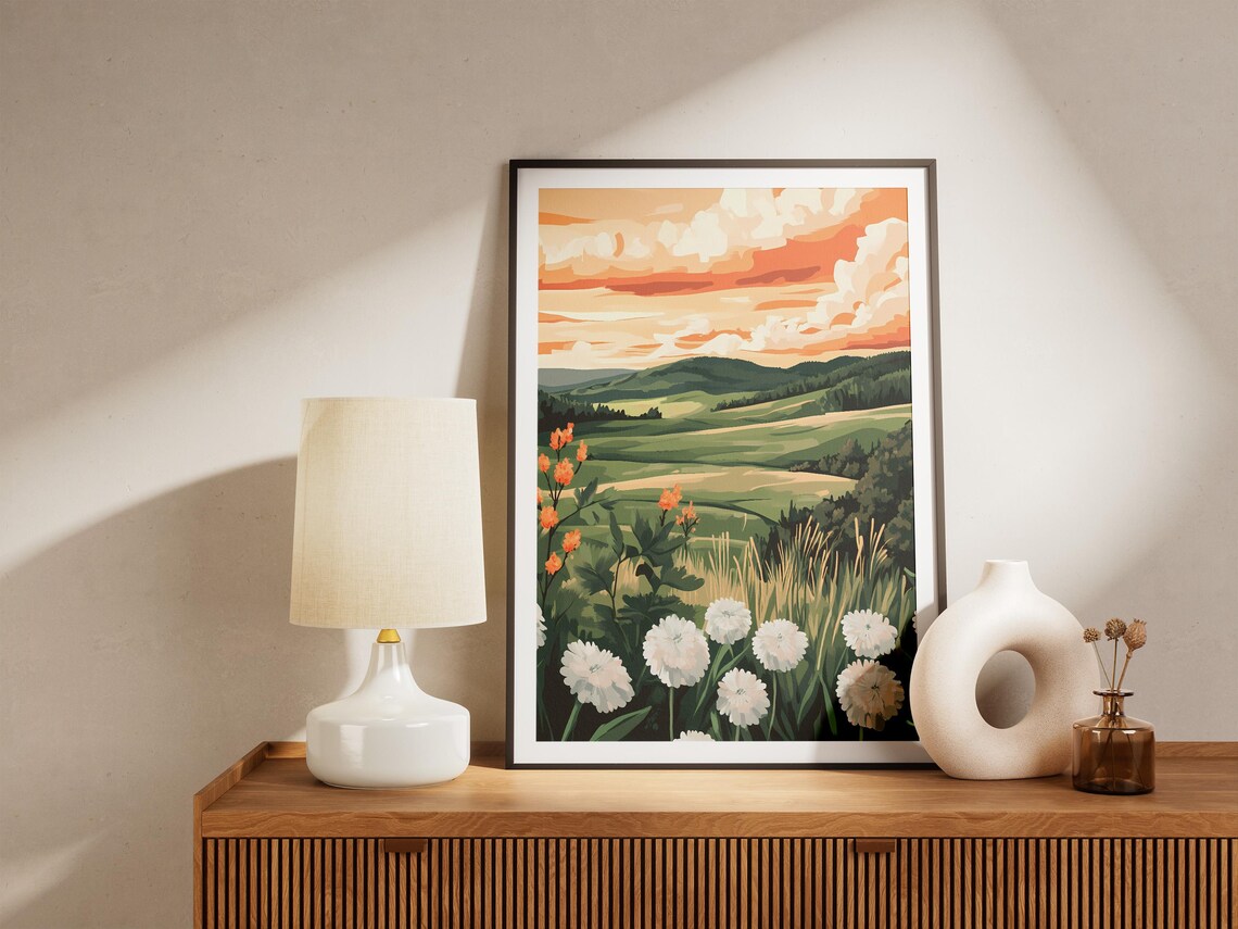 Golden Sunset Over Green Valley With White Wildflowers Poster - Image 4