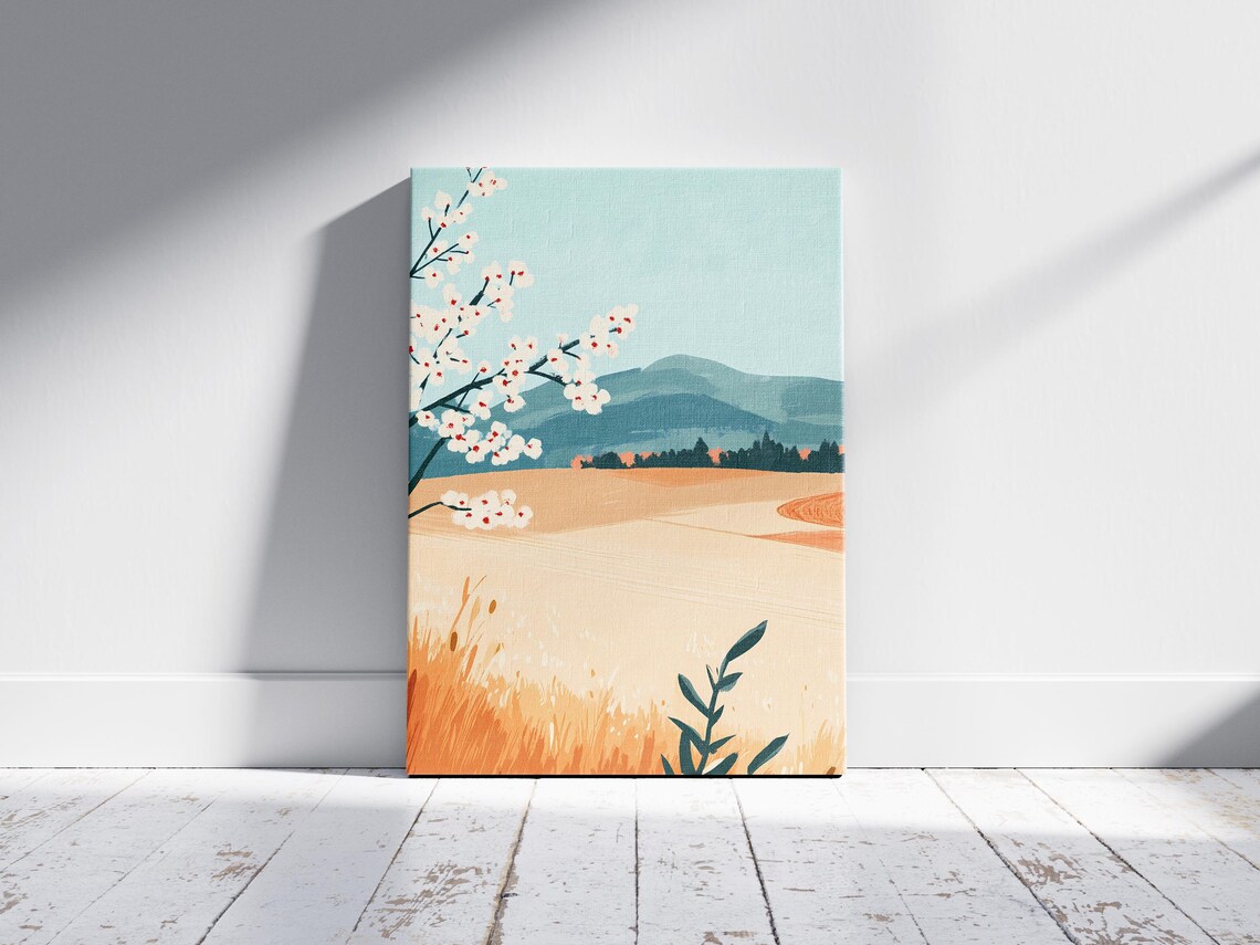 White Blossoms Over Golden Spring Field Minimal Mountain Art Poster - Image 2