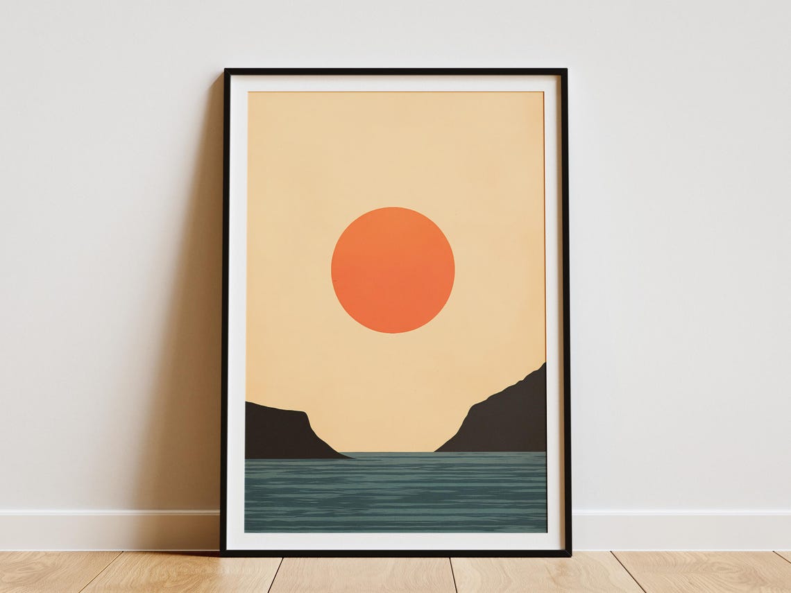 Orange Sun Between Sea Cliffs Minimalist Coastal Sunset Poster