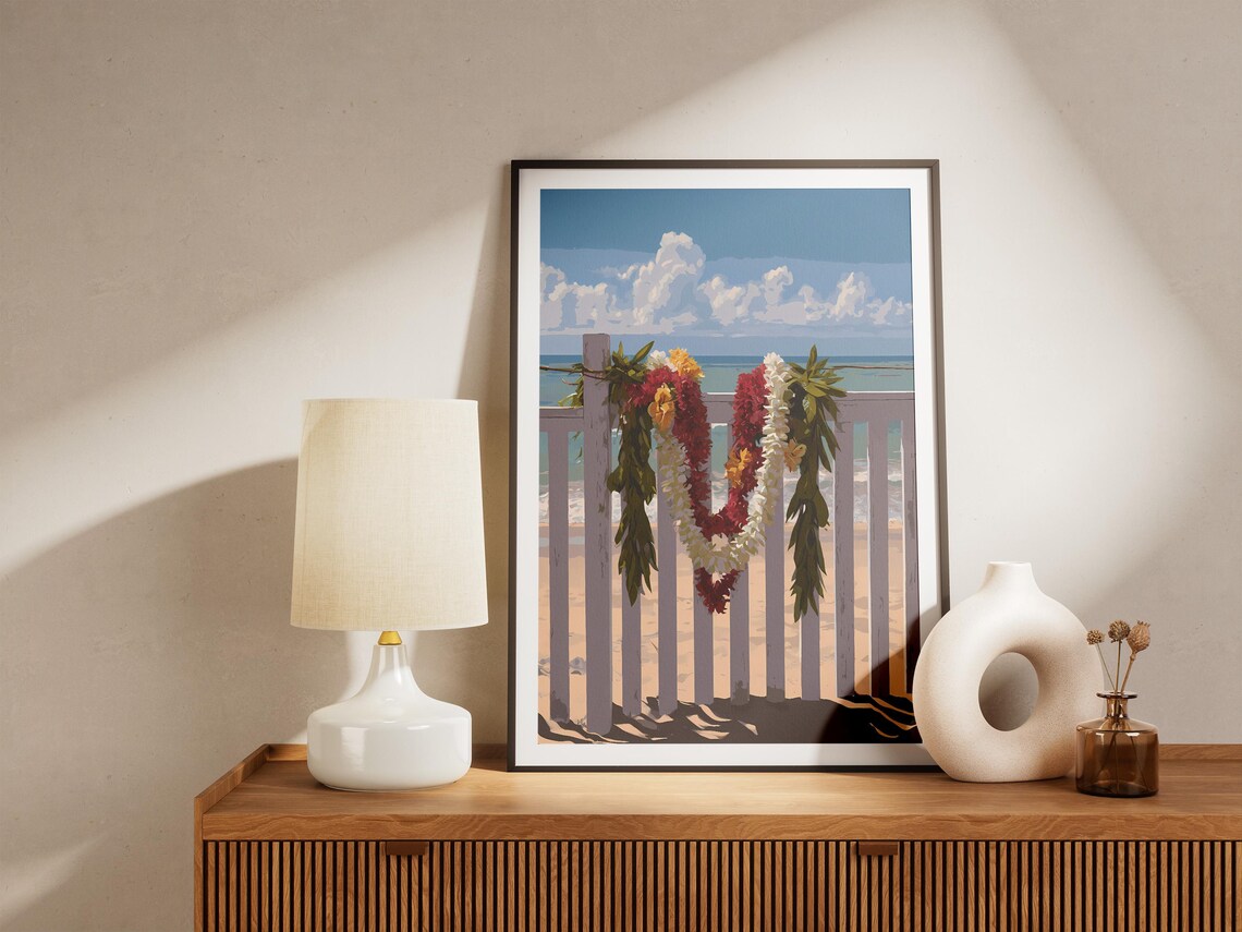 Hawaiian Lei Garland White Picket Fence Beach Ocean Art Poster - Image 4