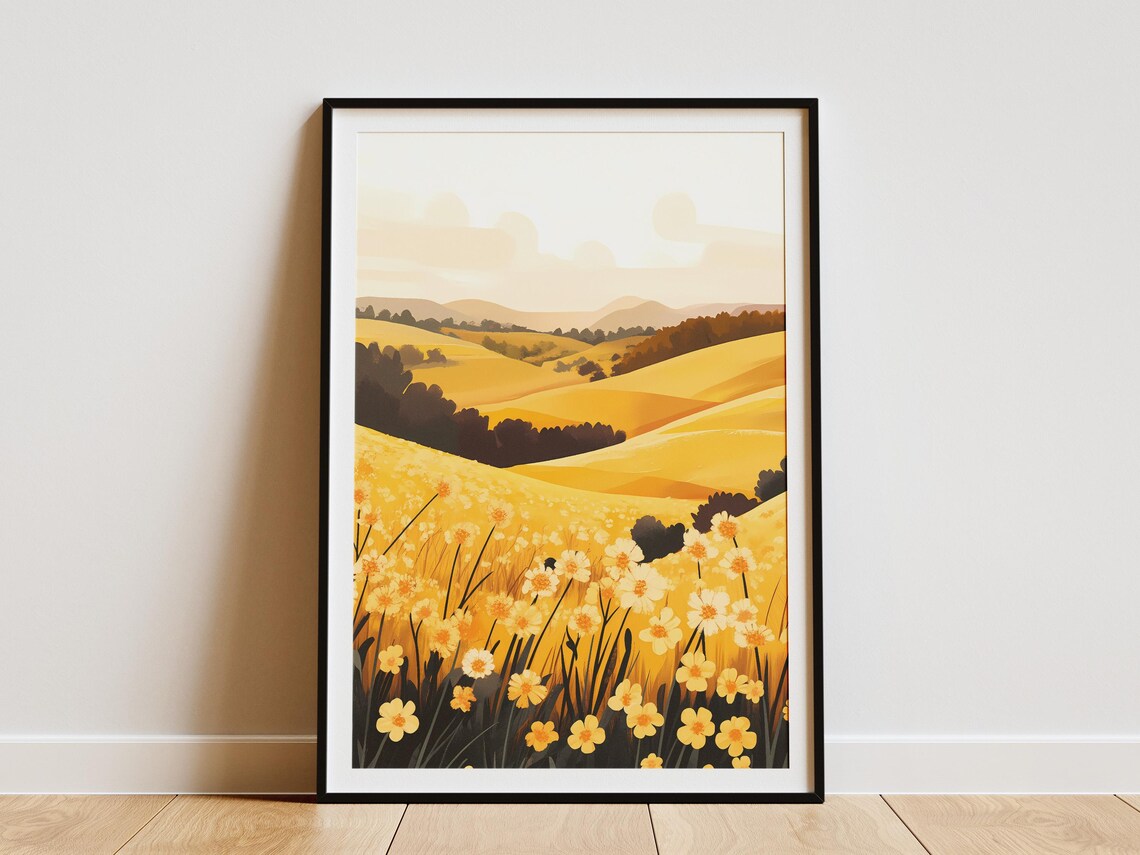 Golden Yellow Flower Field Rolling Hills Sunny Meadow Poster