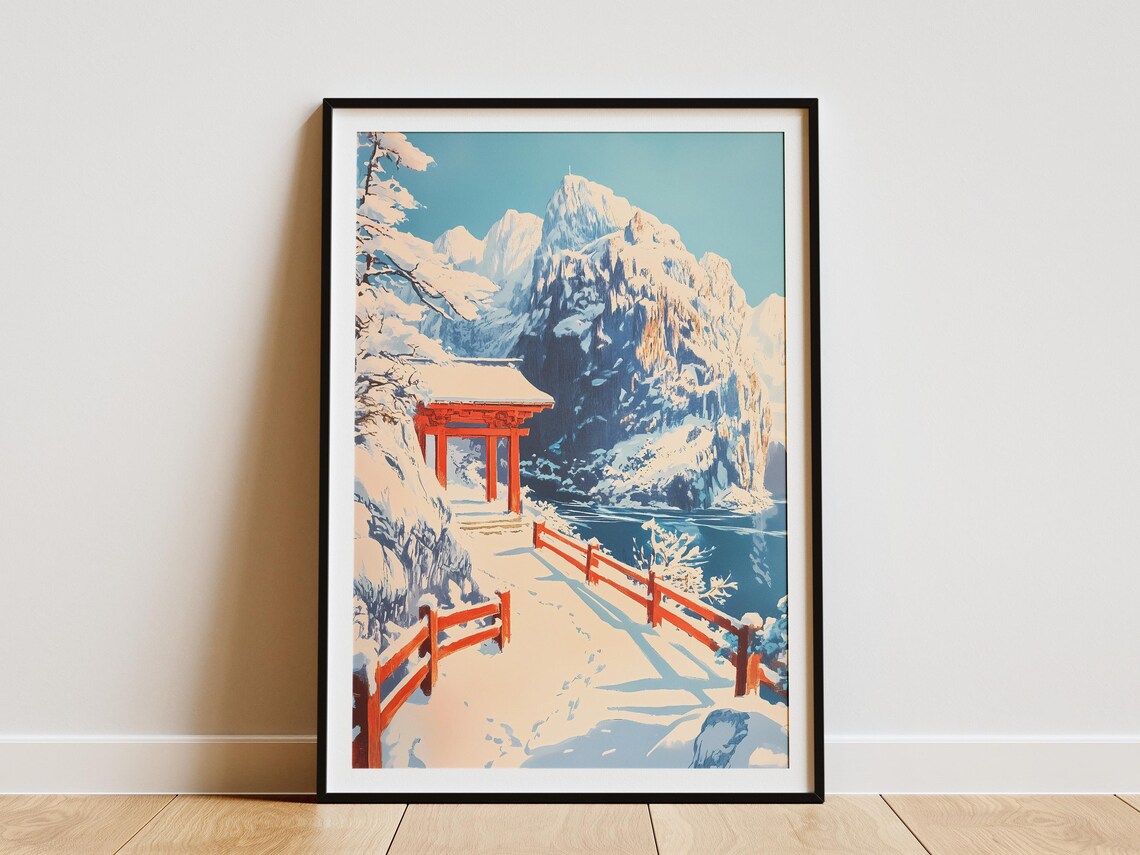 Snowy Mountain Red Torii Gate Japanese Winter Travel Art Poster