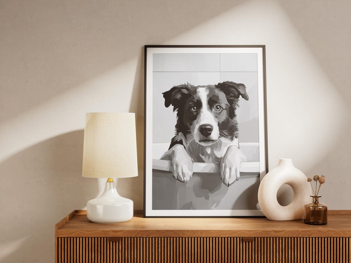 Australian Shepherd Puppy in Bathtub Black and White Cute Decor Poster - Image 4