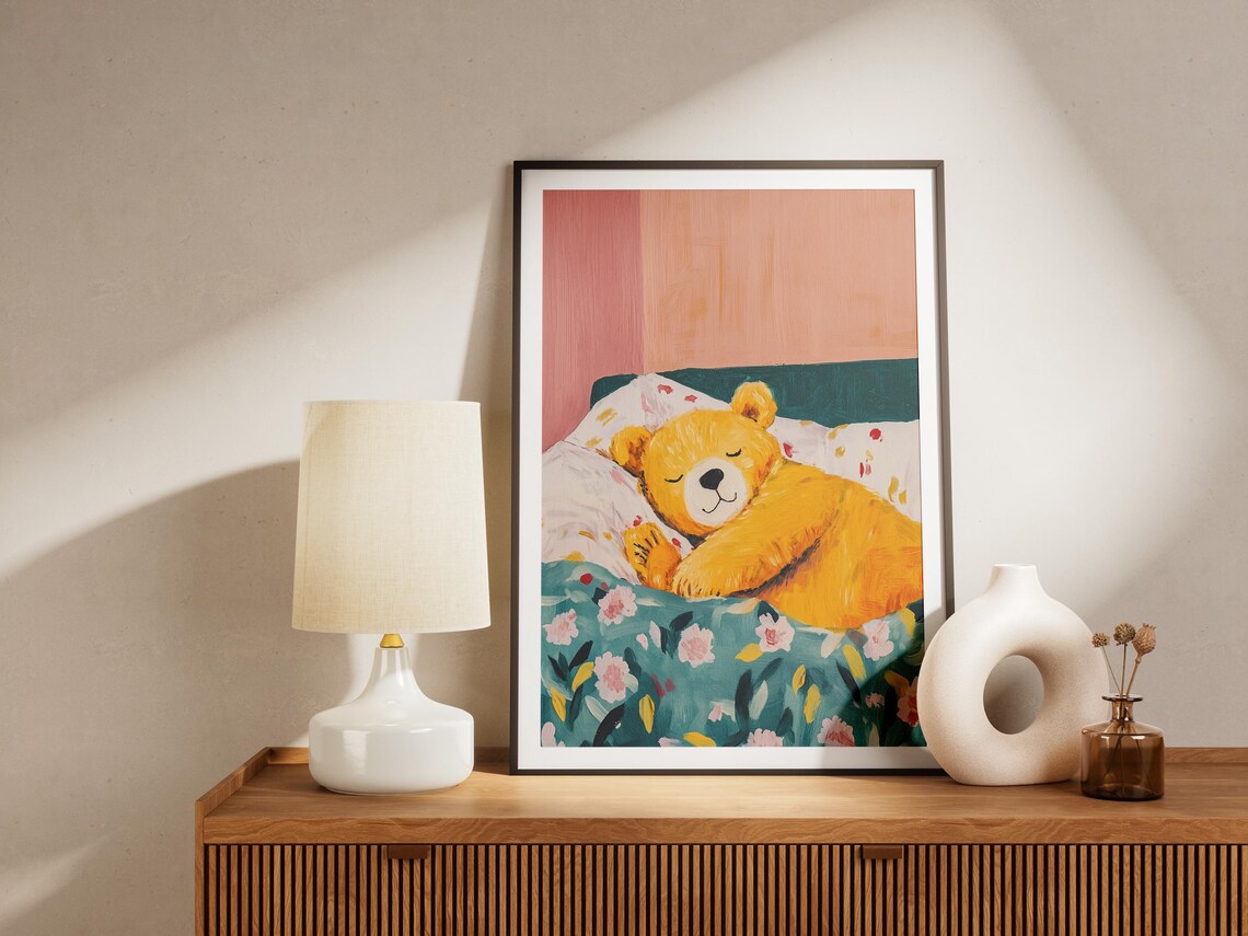 Golden Bear Sleeping in Floral Bed Cute Whimsical Nursery Art Poster - Image 4