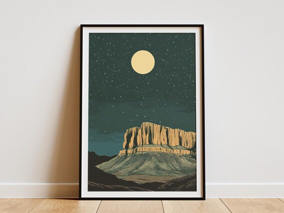 Guadalupe Mountains Texas Desert Mesa Moonlit Night Starry Sky Art Poster