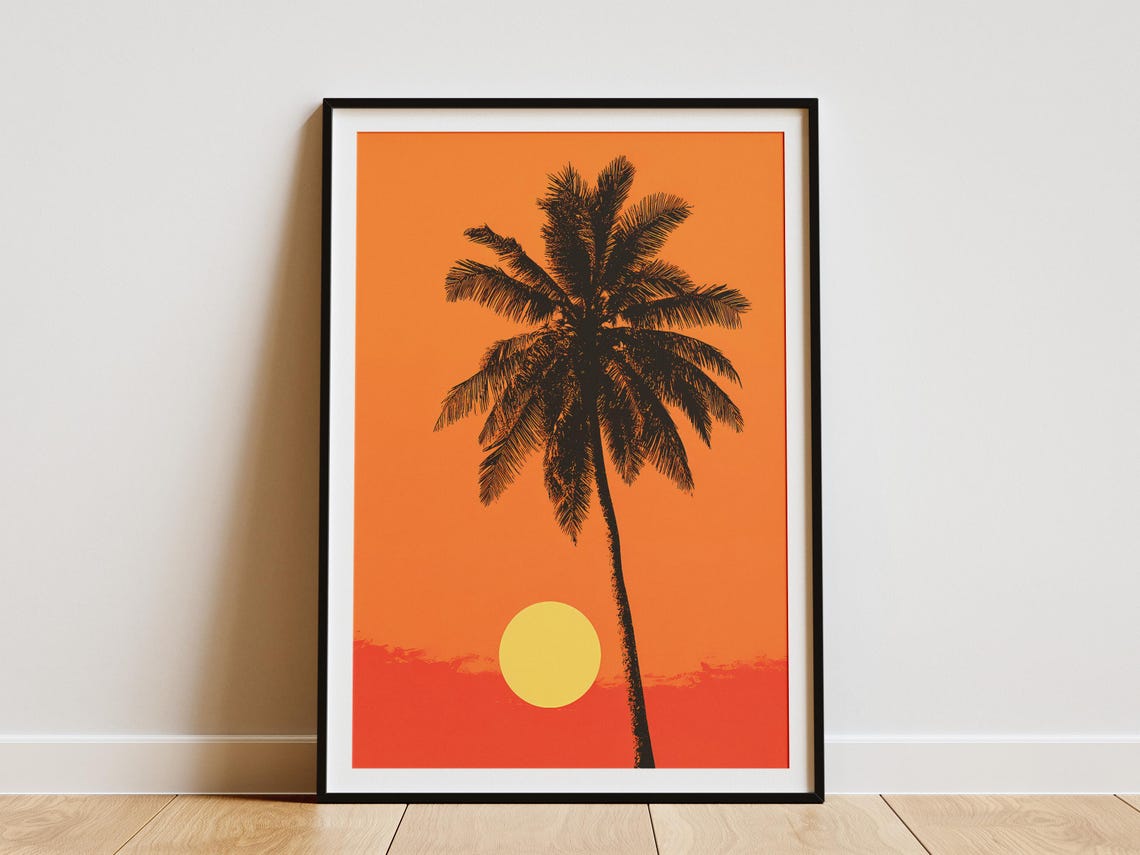 Palm Tree Silhouette Sunset Orange Minimalist Graphic Art Poster