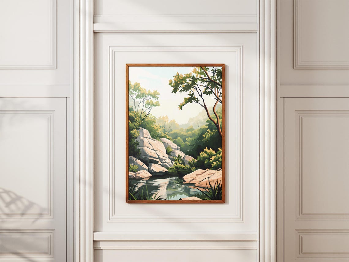 Calm Sunlit Forest Stream Smooth Rocks Lush Green Nature Poster - Image 2