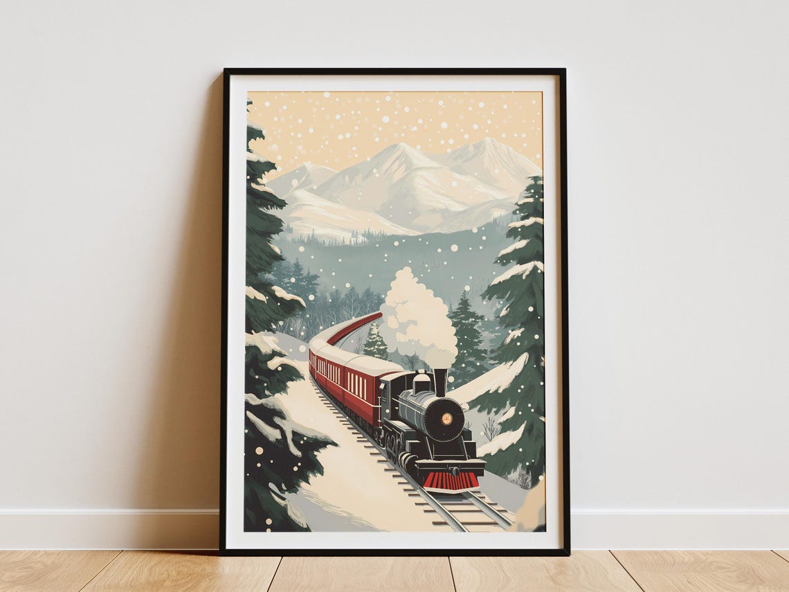 Vintage Winter Steam Train Snowy Mountain Railroad Art Poster