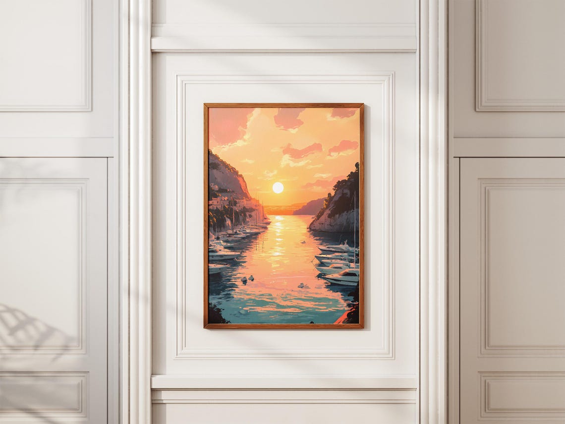 Sunset Harbor With Yachts Between Rocky Cliffs Orange Sky Poster - Image 2