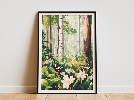 Sunlit Forest Clearing Wildflowers Birch Trees Botanical Nature Art Poster