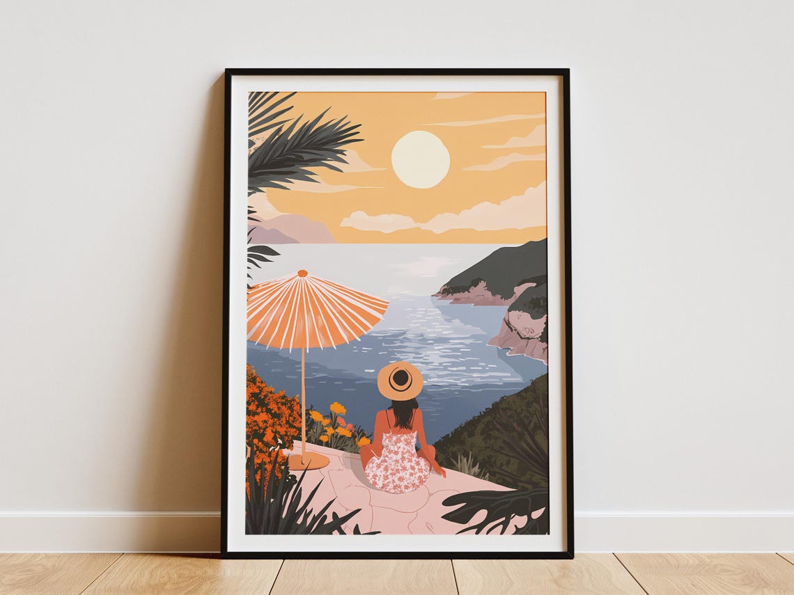 Woman Watching a Mediterranean Bay Sunset from a Cliff Poster