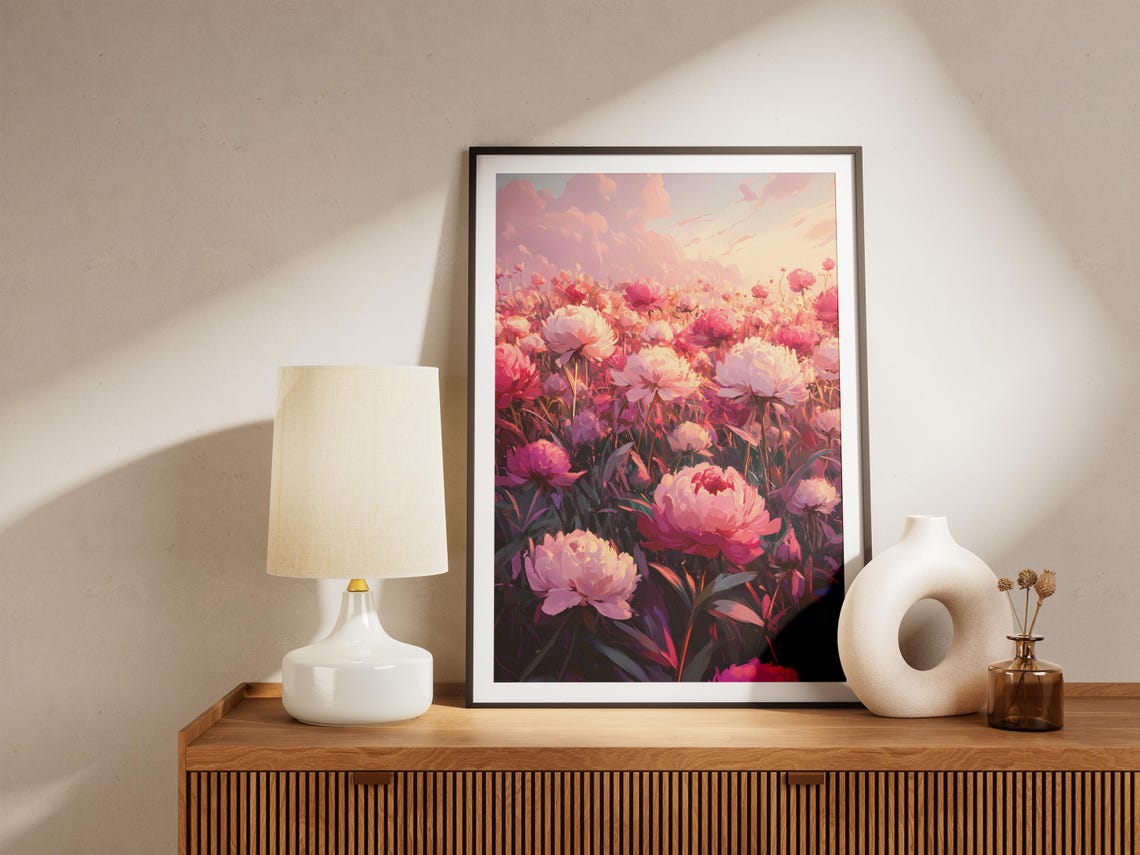 Pink Peonies Field Romantic Floral Sunset Blush Illustration Poster - Image 5