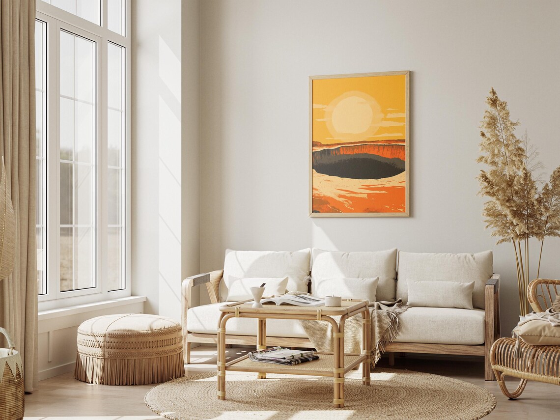 Desert Crater Golden Sun Burning Pit Minimalist Landscape Poster - Image 4