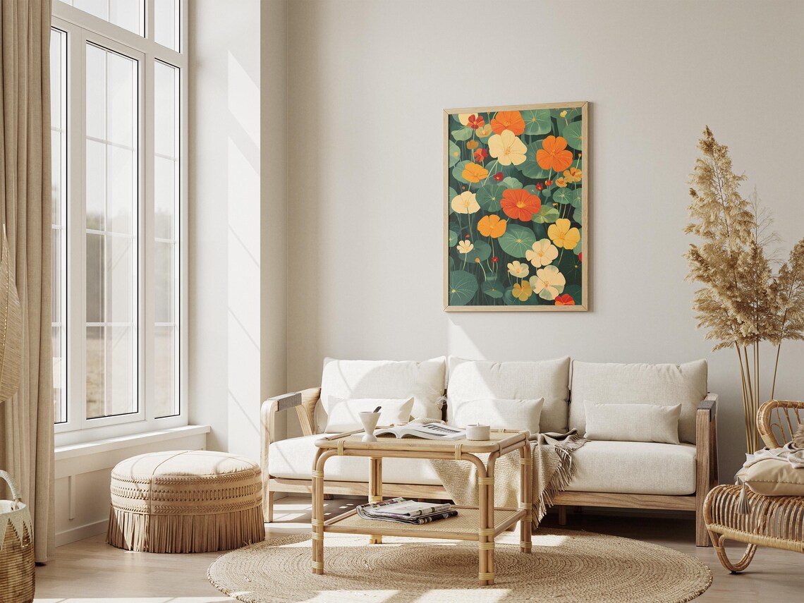 Summer Nasturtium Garden Bright Orange and Cream Floral Wall Art - Image 4