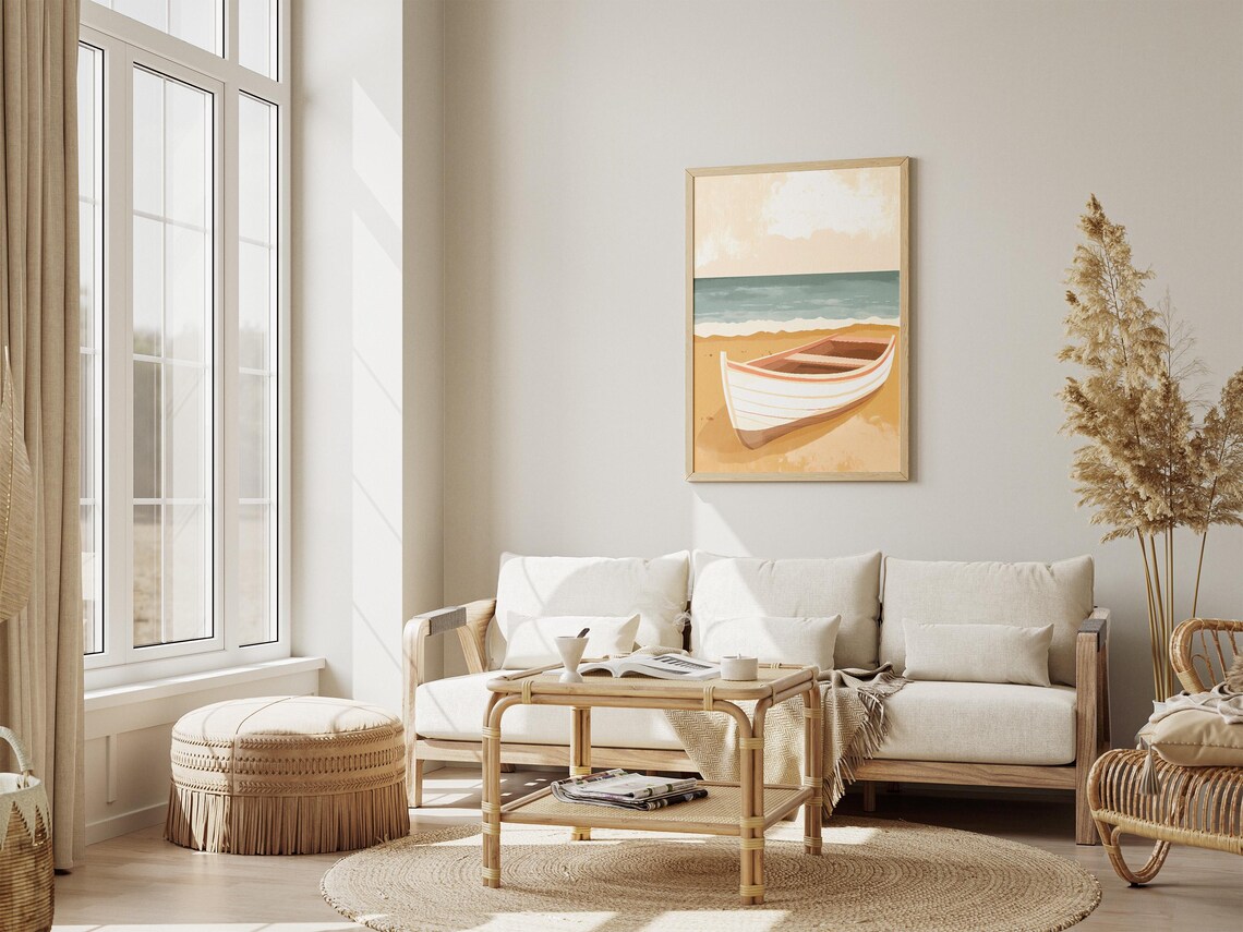 White Rowboat on Golden Sand Beach Minimalist Nautical Poster - Image 4