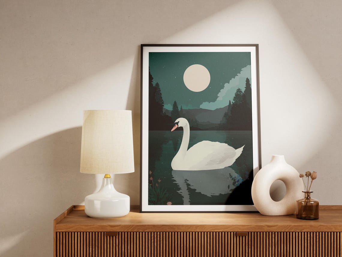 White Swan Gliding On Moonlit Lake Under Full Moon Night Poster - Image 4