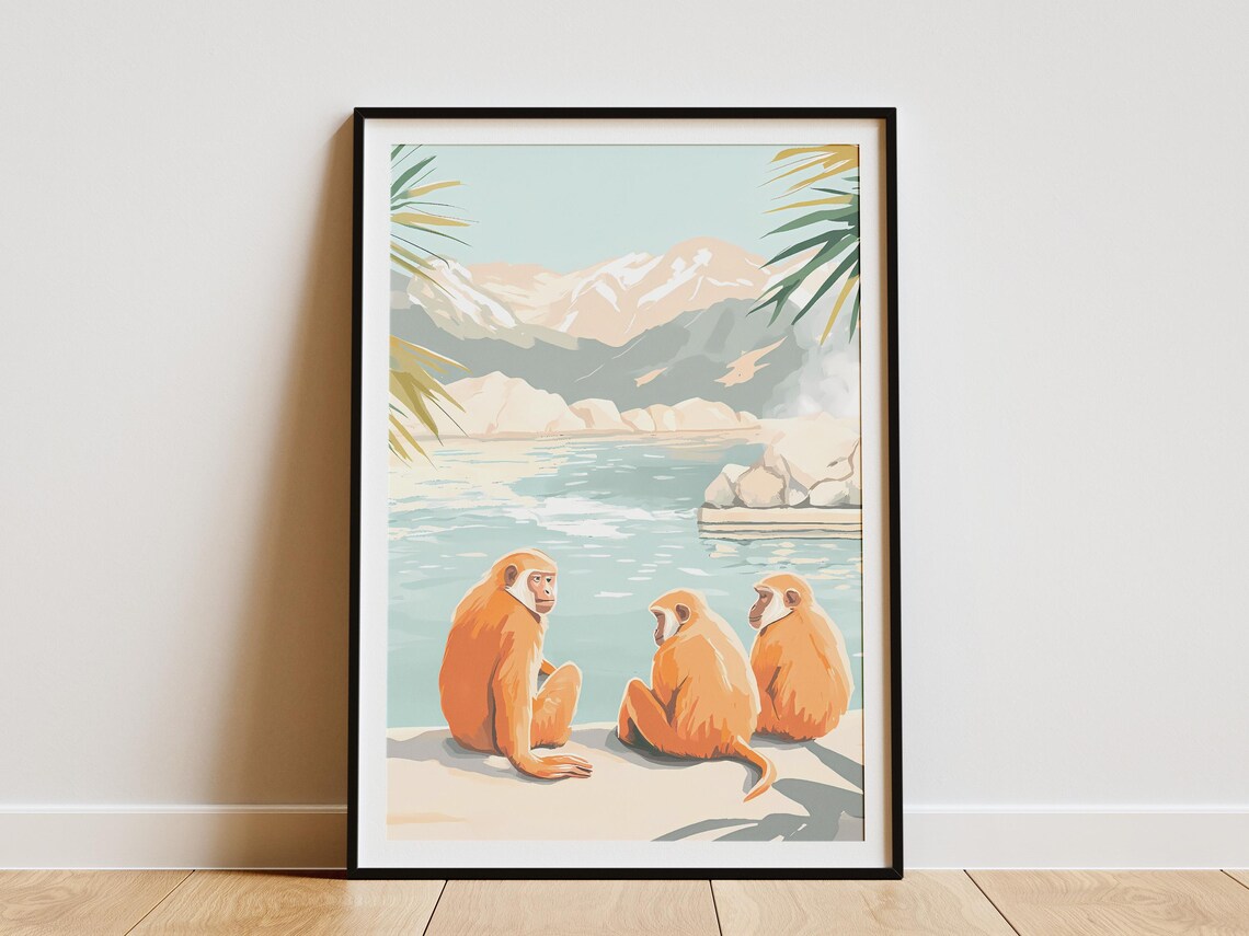 Japanese Snow Monkeys By Mountain Lake Wildlife Illustration Poster