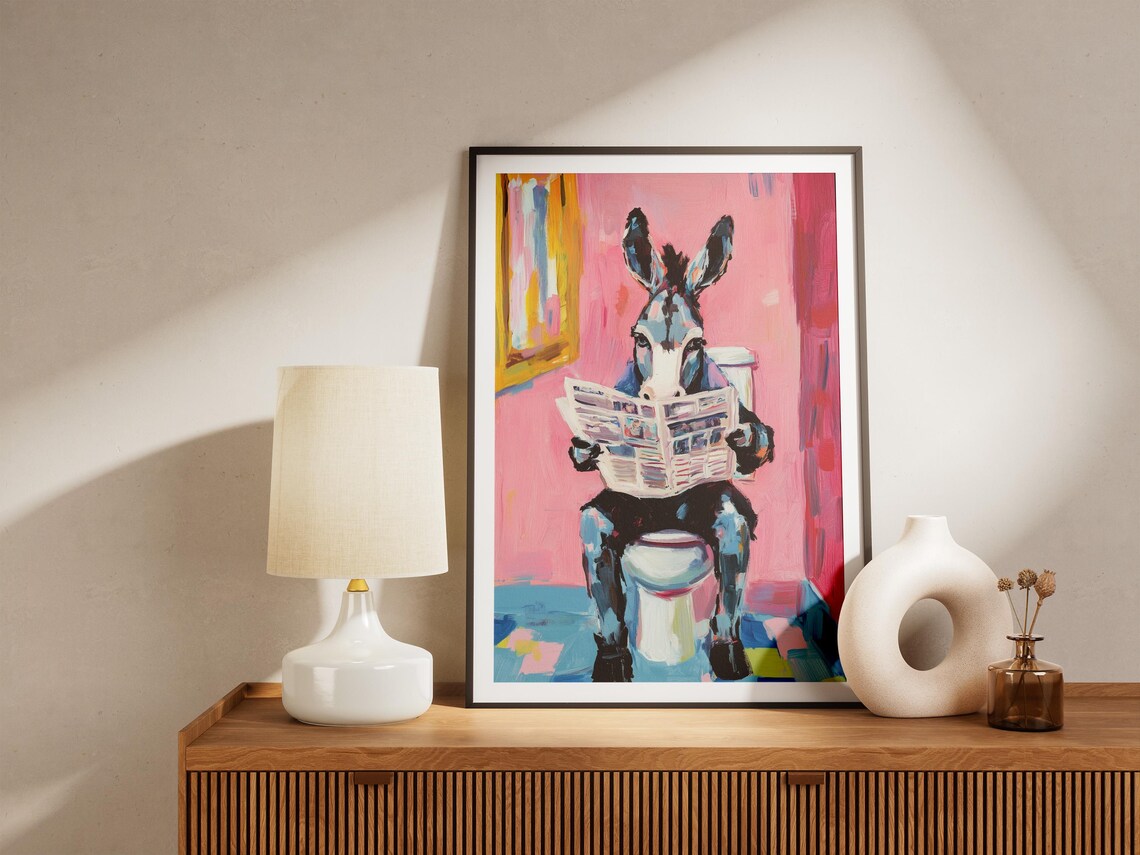 Donkey on Toilet Reading Newspaper Pink Bathroom Funny Poster - Image 5
