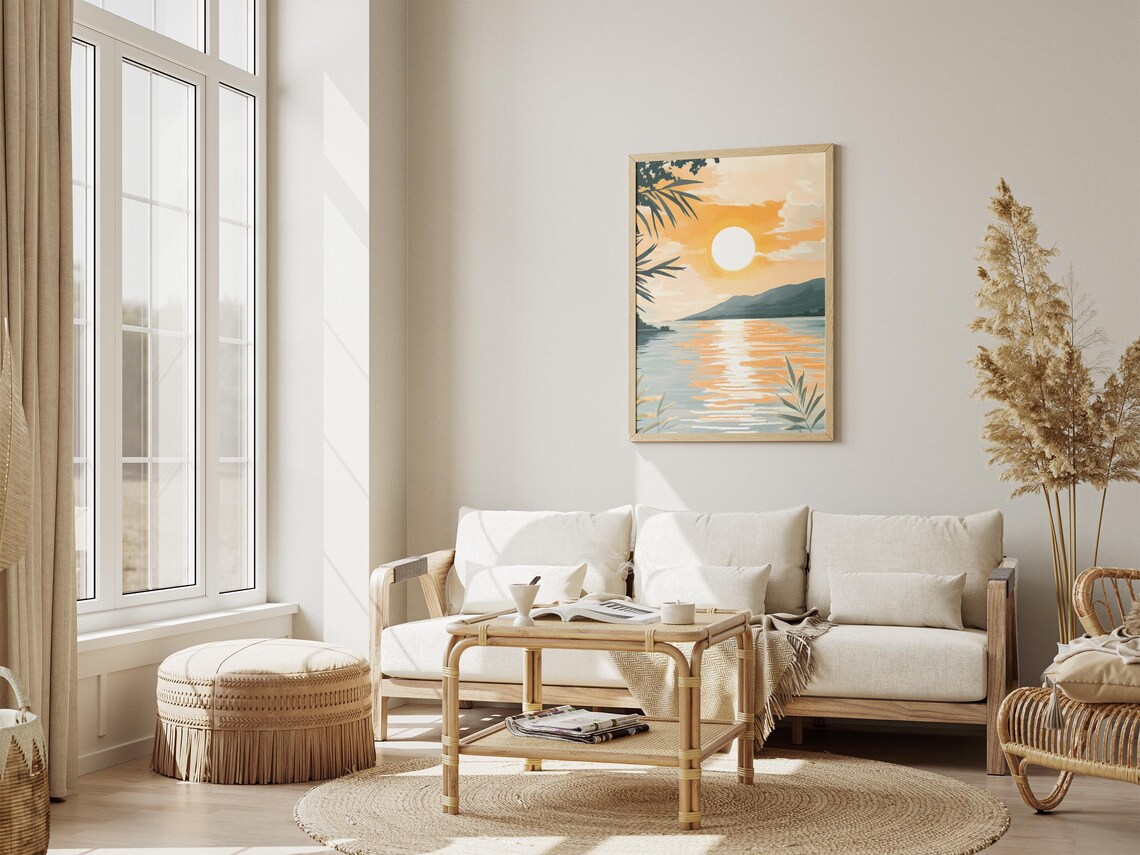 Sunset Lake Golden Sun Reflection Palm Leaves Hills Minimal Art Poster - Image 4