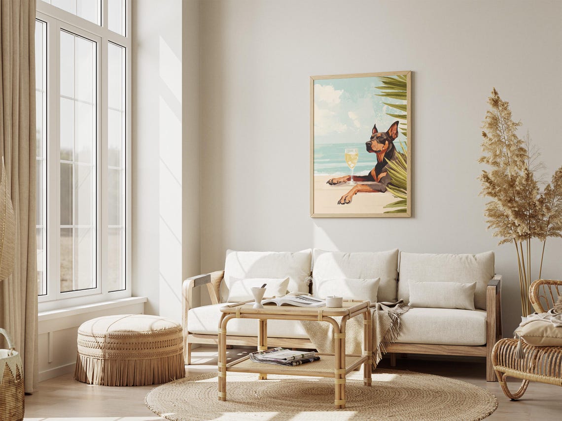 Doberman Pinscher Relaxing With White Wine At Beach Table Poster - Image 4