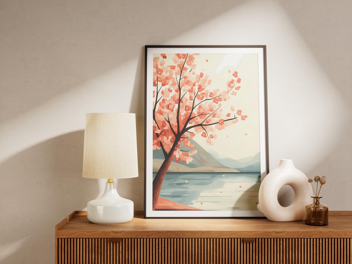 Cherry Blossom Tree Over Calm Lake Japanese Style Landscape Art Poster - Image 4